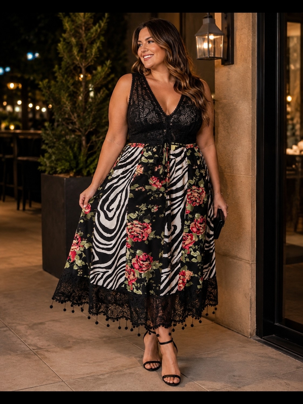 lane bryant brown dress Size 14/16 Black Lace Zebra Floral Midi Boho Date Night Black And White Party autumn party Size:16M(+$10)